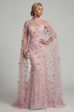 Pink Illusion Neck Mermaid Floral Mother of the Bride Dress with Cape Sleeves