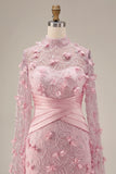 Mermaid Pink Illusion Neck 3D Floral Evening Dress with Cape Sleeves