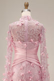 Mermaid Pink Illusion Neck 3D Floral Evening Dress with Cape Sleeves