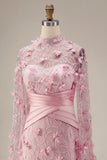 Mermaid Pink Illusion Neck 3D Floral Evening Dress with Cape Sleeves