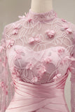 Mermaid Pink Illusion Neck 3D Floral Evening Dress with Cape Sleeves