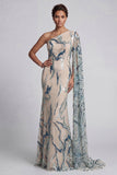 Sparkly One Shoulder Light Blue Mermaid Mother of the Bride Dress with Side Cape