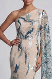 Sparkly One Shoulder Light Blue Mermaid Mother of the Bride Dress with Side Cape