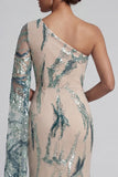 Sparkly One Shoulder Light Blue Mermaid Mother of the Bride Dress with Side Cape