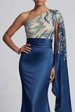 One Shoulder Navy Mermaid Mother of the Bride Dress with Cape Sleeves