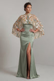 Light Green Satin Mermaid Mother of the Bride Dress with Detachable Cape