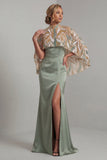 Light Green Satin Mermaid Mother of the Bride Dress with Detachable Cape