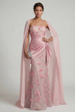 Strapless Pink Mermaid Floral Mother of the Bride Dress with Detachable Cape