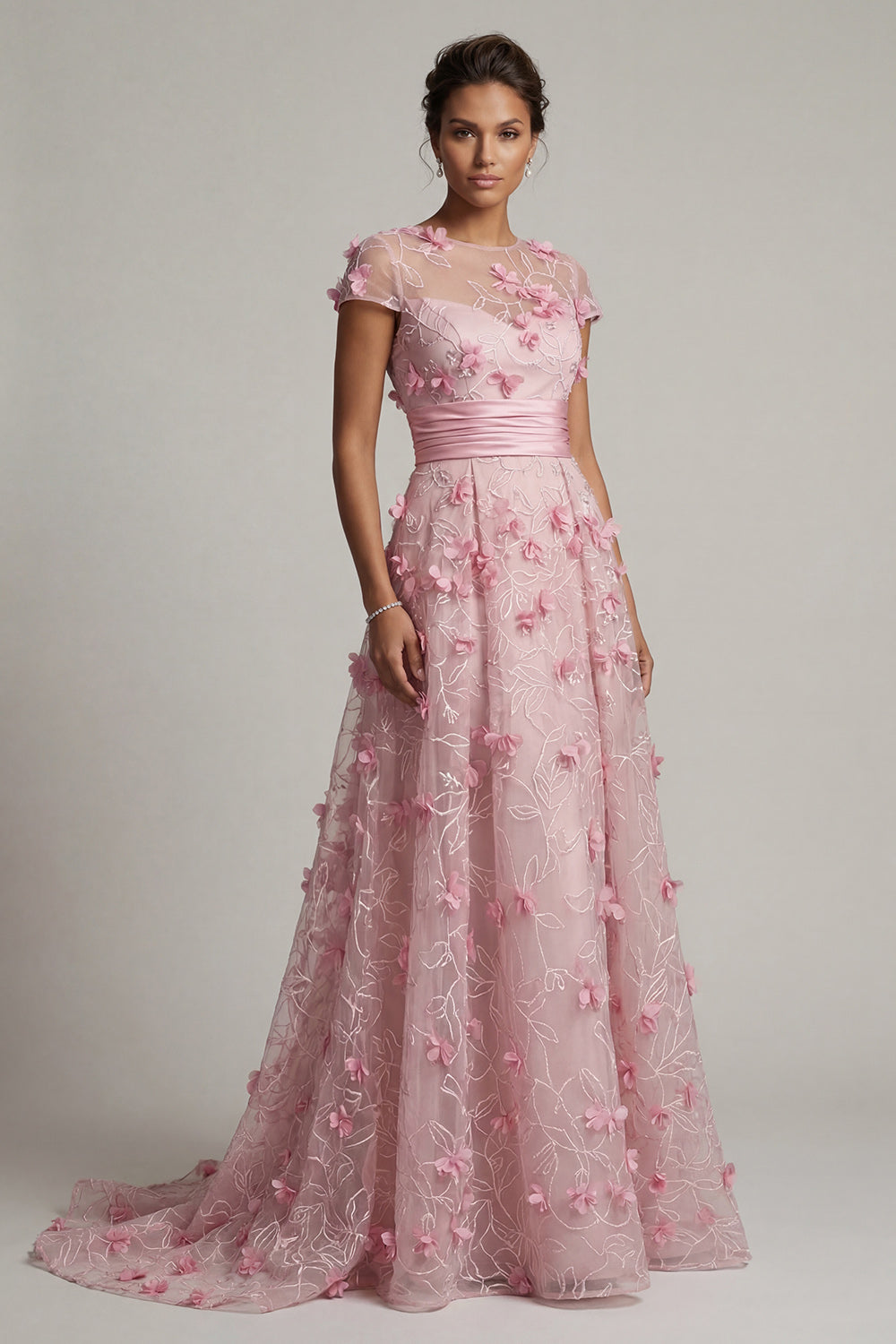 mother of the bride dress pink ZAPAKA Women Pink Mother Of Bride Dress A Line Short Sleeve 3D Flower Evening Dress, Pink / US14