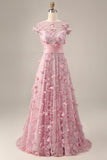 A-Line Pink Short Sleeve Beaded Long Prom Dress with 3D Flowers