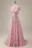 Pink A Line Short Sleeve Mother Of Bride Dress with 3D Flowers