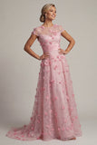 Pink A Line Short Sleeve Mother Of Bride Dress with 3D Flowers