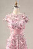 A-Line Pink Short Sleeve Beaded Long Prom Dress with 3D Flowers