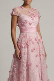 Pink A Line Short Sleeve Mother Of Bride Dress with 3D Flowers