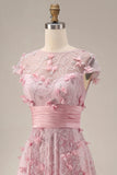A-Line Pink Short Sleeve Beaded Long Prom Dress with 3D Flowers