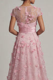 Pink A Line Short Sleeve Mother Of Bride Dress with 3D Flowers