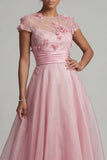 Round Neck A Line Pink Mother Of Bride Dress with 3D Flowers