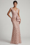 Beaded Blush V Neck Mermaid Mother Of Bride Dress