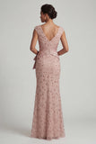 Beaded Blush V Neck Mermaid Mother Of Bride Dress