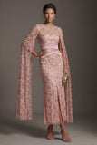 Beaded Blush Sheath Mother Of Bride Dress with Cap Sleeves
