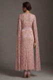 Beaded Blush Sheath Mother Of Bride Dress with Cap Sleeves