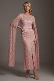 Beaded Blush Sheath Mother Of Bride Dress with Cap Sleeves