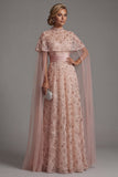 Strapless Beaded Blush A Line Mother Of Bride Dress with Detachable Cape