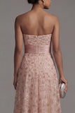 Strapless Beaded Blush A Line Mother Of Bride Dress with Detachable Cape