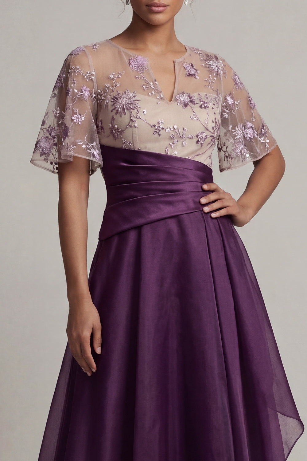 ZAPAKA Women Floral Mother Of Bride Dress Dark Purple Appliqued Short