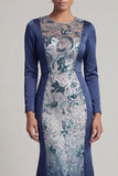 Sequins Navy Long Sleeves Mermaid Mother Of Bride Dress