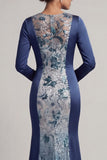 Sequins Navy Long Sleeves Mermaid Mother Of Bride Dress