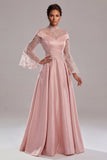 Appliqued Pink Long Sleeve A Line Mother Of Bride Dress