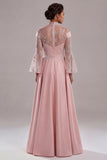 Appliqued Pink Long Sleeve A Line Mother Of Bride Dress
