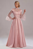 Appliqued Pink Long Sleeve A Line Mother Of Bride Dress