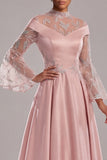 Appliqued Pink Long Sleeve A Line Mother Of Bride Dress