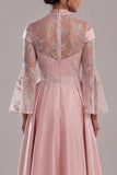 Appliqued Pink Long Sleeve A Line Mother Of Bride Dress