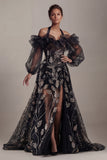 Cold Shoulder Black Sequin A Line Mother Of Bride Dress with Slit