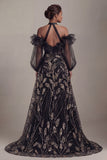 Cold Shoulder Black Sequin A Line Mother Of Bride Dress with Slit