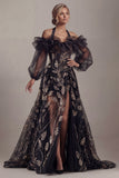 Cold Shoulder Black Sequin A Line Mother Of Bride Dress with Slit