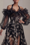 Cold Shoulder Black Sequin A Line Mother Of Bride Dress with Slit