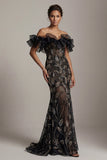 Off The Shoulder Black Sequin Mermaid Mother Of Bride Dress