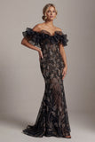 Off The Shoulder Black Sequin Mermaid Mother Of Bride Dress