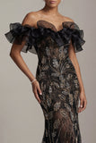 Off The Shoulder Black Sequin Mermaid Mother Of Bride Dress