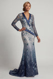 Floral V Neck Mermaid Navy Appliqued Mother Of Bride Dress