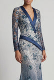 Floral V Neck Mermaid Navy Appliqued Mother Of Bride Dress