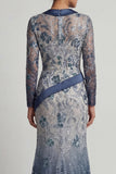 Floral V Neck Mermaid Navy Appliqued Mother Of Bride Dress