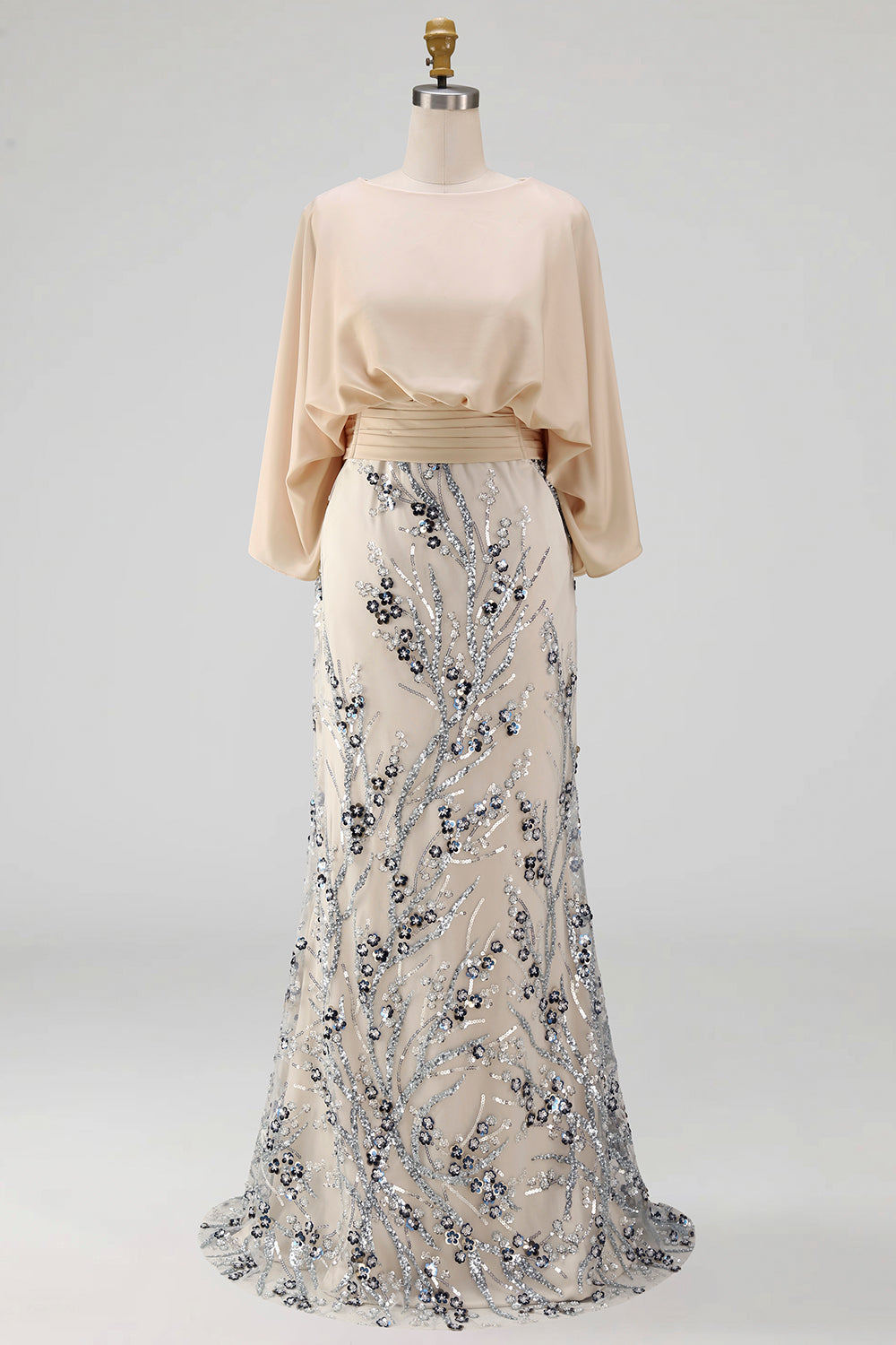 long sleeve champagne sequin dress Champagne Long Sleeve Sequin Evening Gown Sparkly Maxi Dress with Embellished Bodice Plus Size