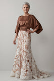 Coffee 3/4 Sleeves Appliqued Mermaid Mother of the Bride Dress