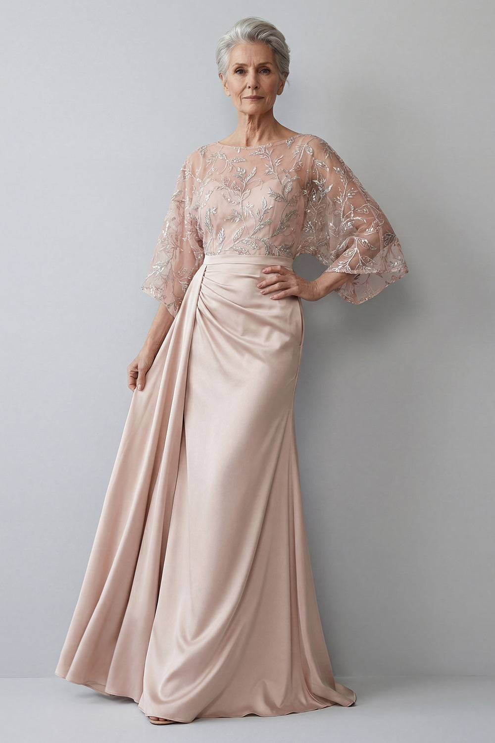 ZAPAKA Women Appliqued Mother Of Bride Dress 3/4 Sleeves Blush Bateau Neck  Mermaid Evening Dress