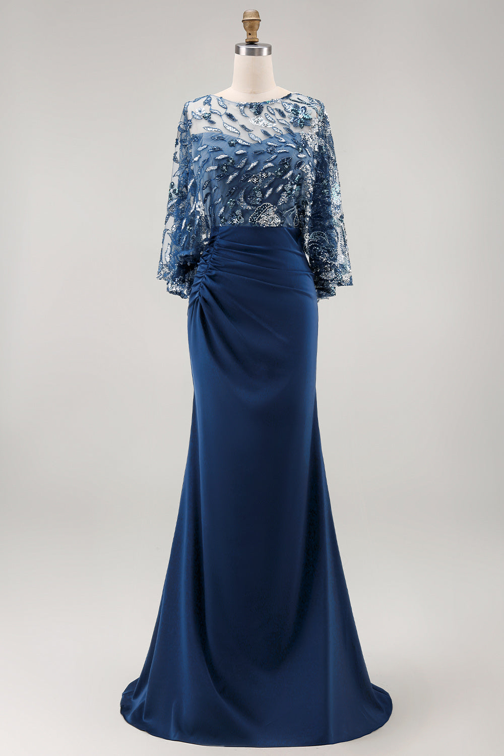 Zapaka Women Sparkly Floral Mother of the Bride Dress Satin Navy Sequin Long Boat Neck Mermaid Ruched Wedding Guest Dress, Navy / US18W